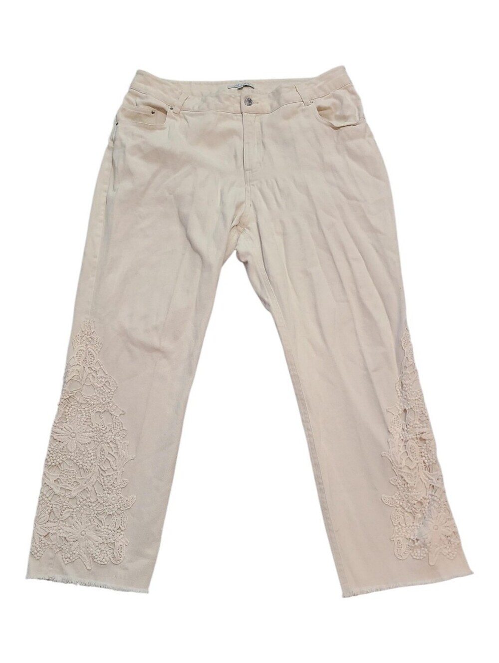 John Mark Cream Flare Jeans with Lace Embroidery